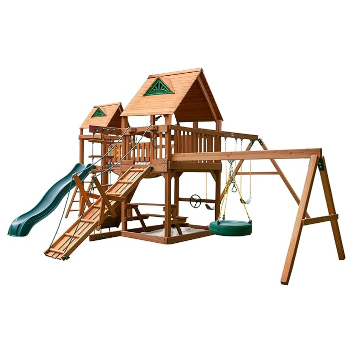 aklart-product-54-image-1-2 Gorilla Playsets Pioneer Peak Treehouse Wooden Swing Set with Tire Swing, and Clatter Bridge and Tower - Image 1